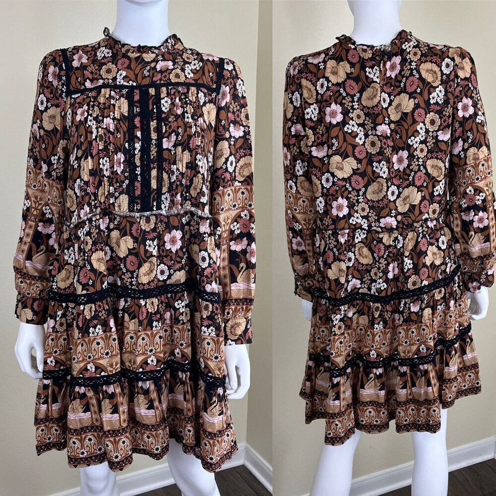 Jaase Women's Size L Brown Floral Hennie Fernanda Mini Tiered Shift Dress Boho